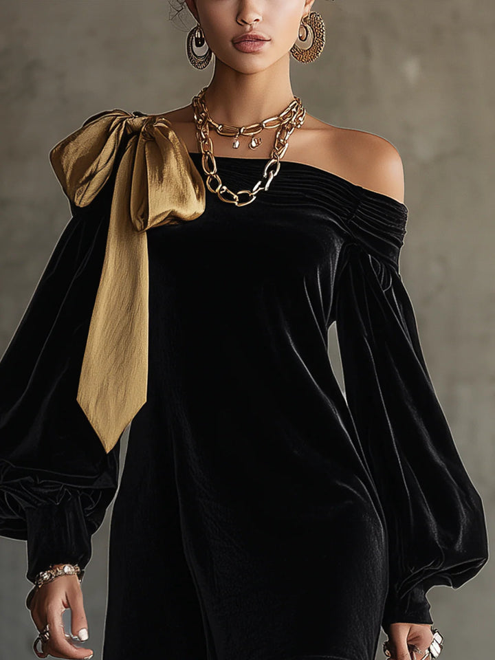 Black Velvet and Gold Satin Patchwork Off-Shoulder Mini Dress
